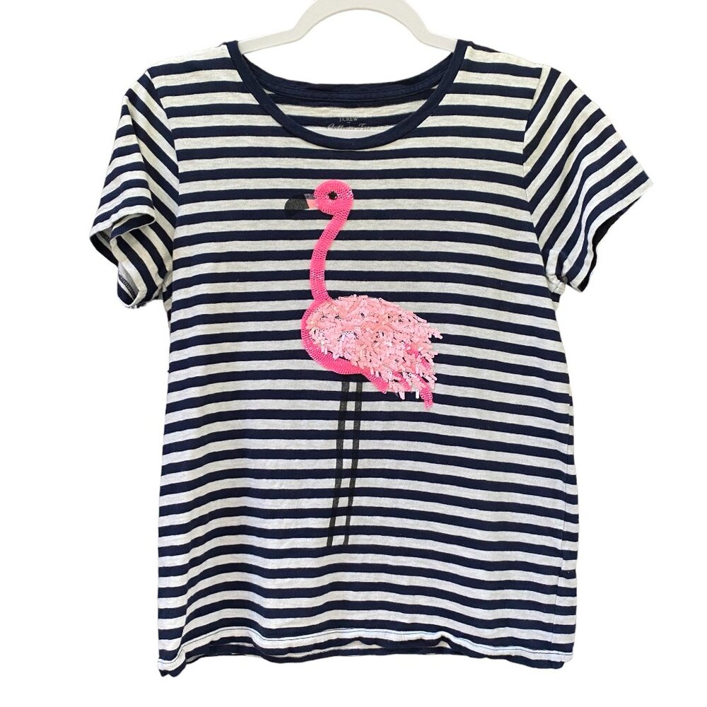J Crew Factory Sequin Flamingo Tee Collector Striped Nautical Vacation Beach-M - Picture 6 of 11